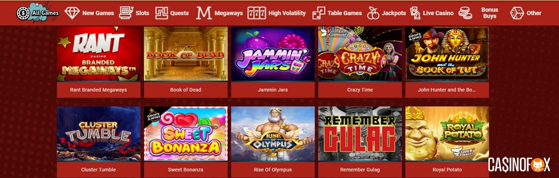 Rant Casino spelutbud med över 35 spelutvecklare