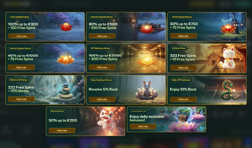 Spinzen casino bonusar. First deposit bonus 100% up to €300 + 150 free spins claim now. Second deposit bonus 80% up to €500 + 100 free spins claim now. Third deposit bonus 50% up to €750 + 75 free spins claim now. Fourth deposit bonus. 40% up to €1000 + 75 free spins claim now. VIP welcome bonus 100% up to €2000 + 300 free spins. Fortune week 333 free spins + 111 free spins claim now. Balance & Energy 222 free spins + 111% Bonus claim now. Daily cashback bonus Receive 5% back claim now. Daily VIP Cashback Enjoy 10% Back, claim now. Reload Bonus 50% up to €200 claim now. Lotus rewards. Enjoy daily exclusive bonuses! Claim now
