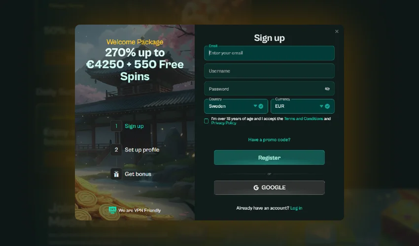 Spinzen casino registrering. Welcome package 270% up to €4250 + 550 free spins. 1 sign up 2 Set up Profile. Get bonus. We are VPN friendly. Sign up Email enter your email. Username. Password Country Sweden, Currency EUR, I'm over 18 years of age and I accept the Terms and conditions and Privacy Policy. Have a promo code? Register or G Google. Already have an account? Log in.