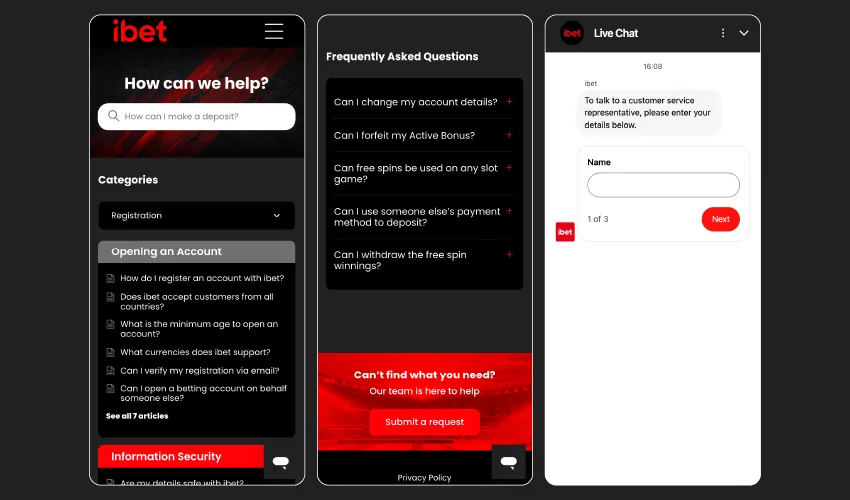 Ibet kundservice via FAQ och live chatt